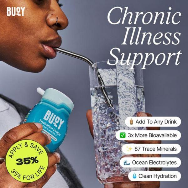 This static square creative features a person using the product to address chronic illness, utilizing a clear list of benefits and a high-value discount offer.